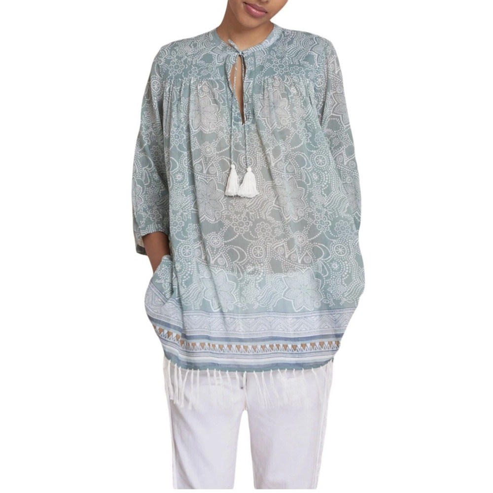 Roberta Roller Rabbit Dihn Serafina Tunic Top Blue White Print Tassel Tie Sz M